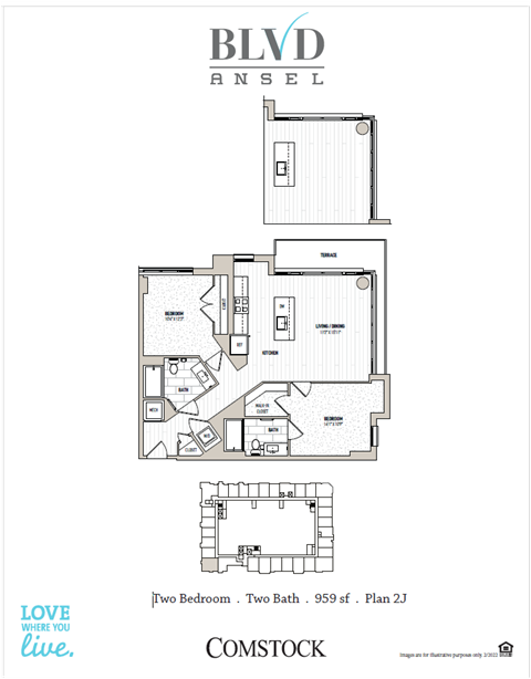 Floor plan for 2 beds, 2 baths, 989 sqft